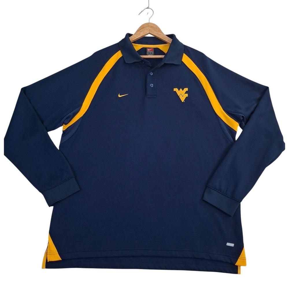 Nike West Virginia Mountaineers Long Sleeve Polo Shirt Mens XL Blue Dri-FIT Y2K